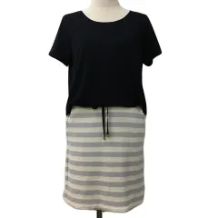 ディスコート Discoat ワンピース Iライン ミニ 無地 ボーダー 切替 半袖 L 黒 グレー ブラック