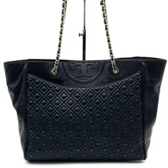 美品●トリーバーチ トートバッグ チェーン ロゴ キルティング ブラック レザー