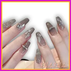 ネイルチップ 24枚 セット つけ爪 バレリーナ グラデーション 光沢 爪 手指 パーツ 両面テープ 48枚 スティック やすり アルコールパッド付き クリスタル ロング グレー 0