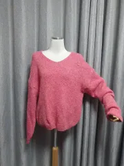 Vネック ピンク モヘアニット