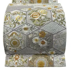 【美品】 袋帯 逸品 草花 ヱ霞 金銀糸 刺繍 青灰色 六通 正絹 【中古】