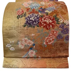 【美品】 袋帯 秀品 御所車 花鳥 金糸 唐織 オレンジ 六通 正絹 【中古】