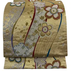 袋帯 秀品 振袖向き 桜 花びら 金銀糸 唐織 金色 六通 正絹 【中古】