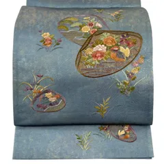 袋帯 秀品 貝合わせ 花鳥 刺繍 箔 青灰色 お太鼓柄 正絹 【中古】