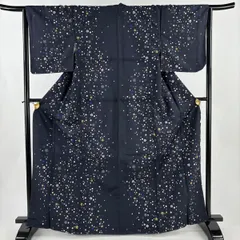 【美品】 小紋 身丈168cm 裄丈64.5cm M 袷 洗える着物 桜 丸 濃紺 化繊 優品 【中古】