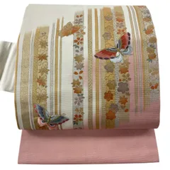【美品】 名古屋帯 優品 蝶 草花 金銀彩 金銀糸 ピンク 正絹 【中古】