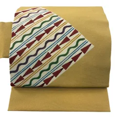 【美品】 名古屋帯 優品 幾何学模様 縮緬 黄土色 正絹 【中古】