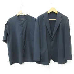 ジャケット シャツ 2枚セット 長袖 テーラード シングル 半袖 マオカラー 大きいサイズ 紺 ネイビー 3L