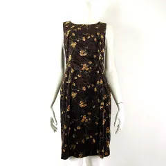 famina charlartion ワンピース ベロア 花柄 ひざ丈 ノースリーブ M 9 茶 ブラウン 緑 グリーン 黄 イエロー