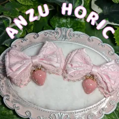 りぼんヘアクリップ　いちごチャーム　パールチェーン　ぴんく　量産型　姫系