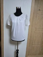 白 ラウンド Tシャツ 袖 レース バイカラー