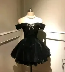 スナ系 誕生日パーティー ミニ ブラック オフショルダー ワンピース ドレス スカート