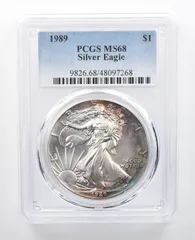1989年 アメリカン シルバー イーグル MS68 PCGS レインボー ペリフェラル T *7701