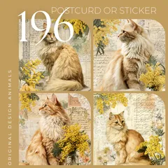 オリジナルデザイン アニマル ポストカード ステッカー マット紙 選べるタイプ 同柄 ハガキサイズ 可愛い 癒し イラスト 紙もの コラージュ 猫 長毛種 お花 ミモザ アンティーク 196