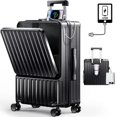 [BARGOHOY] スーツケース フロントオープン 多機能 キャリーケース 軽量 カップホルダー付き 隠しフック機能 キャリーバッグ USBポート付き 耐衝撃 静音 360度回転 TSAローク ファスナータイプ キャリーバッグ 人気 おしゃれ 旅行 ビジ 0