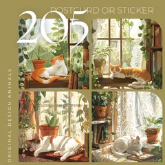 オリジナルデザイン アニマル ポストカード ステッカー マット紙 選べるタイプ 同柄 ハガキサイズ 可愛い 癒し イラスト 紙もの コラージュ 猫 白茶色 窓辺 観葉植物 ナチュラル やさしいイラスト 寝顔 205