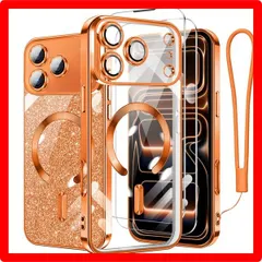 ★送料無料★Size:iPhone17ProMax_Color:オレンジ iPhone 17 Pro Max 用 ケース クリア MagSafe対応 マグネット搭載 2枚 HDフィルム付き キラキラ グリッターカード ストラップ付き アイフォン 17 プロ マ