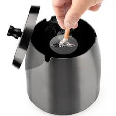 【人気商品】蓋付きステンレス鋼灰皿-滑り止めベース灰皿、ポータブル灰皿、屋内および屋外での使用に適しています、Black、L