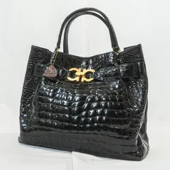 【本物JRA認定】クロコダイル ハンドバッグ シャイニー ブラック 艶 ワニ革 リアルクロコ ゴールド金具 トートバッグ 高級 本革 正規品 レディース