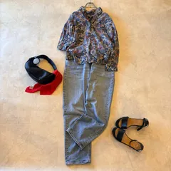 RNA 花柄　シャツブラウス　青　赤　長袖　ボタニカル　フラワー