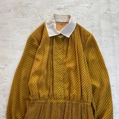 昭和レトロ切り替え襟ストライプ長袖ロングワンピースマスタード11号