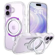 DUEDUE iPhone 17 ケース スタンド機能 120°開閉可能 360°回転可能 ウェーブ式 アイフォン 17 ケース クリア 透明のデザイン MagSafe対応 マグネット搭載 指紋防止 耐衝撃 一体型 薄型 車載ホルダー対応 ワイヤレス充電  1