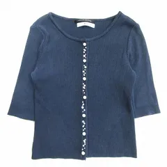 ルネ Rene LIMITED EDITION リブ ニット カーディガン コンパクト セーター 五部袖 ビジュー パール カットソー 6422060 34 紺 ネイビー レディース