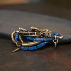 天然ラピスラズリ マットスクエア ブレスレット｜A単連・B二連・C三連｜真鍮ヴィンテージ｜ハンドメイド ユニセックス｜15cm〜18cm サイズ展開 数量限定 一点もの 手作り プレゼント おしゃれ 誕生日 ギフトにもおすすめ レトロデザイン SGYP264