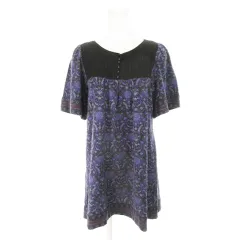 ケーティー キヨコ タカセ  K.T KIYOKO TAKASE チュニック カットソー ラウンドネック ヘンリーネック 半袖 ウール 総柄 ニット 切替 9 紫 パープル /AH27