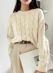 セーター ケーブル編み レディース 未使用 ニット トップス 秋冬 ニットセータ― アウター プルオーバー ニット カットソー ニットソー 無地 長袖 uネック ドルマンスリーブ 柔らかい ショート丈 ニットセー