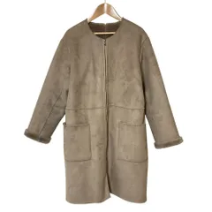 美品 BEAMS HEART ビームスハート フェイクムートン ノーカラー ジップコート サイズ0 ベージュ レディース 古着 中古 USED