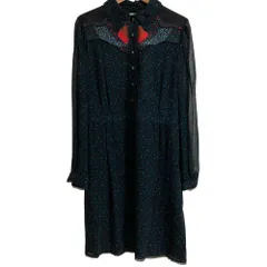 良品 COACH コーチ シルク100％ フラワープリント 長袖 ひざ丈 シアーワンピース サイズ0 ネイビー レディース 古着 中古 USED