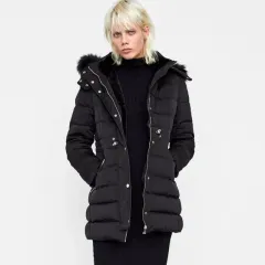 ZARA ザラ レディース ブラック フード ファー ダウンジャケット ロング丈 XSサイズ