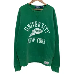 美品 POLO by RALPH LAUREN ポロバイラルフローレン ユーズド加工 カレッジプリント スウェット トレーナー サイズM グリーン メンズ 古着 中古 USED