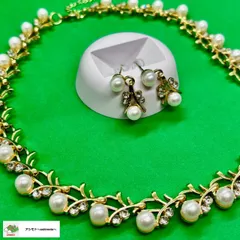 ☆パール ラインストーン ネックレス ピアス セット おでかけ パーティー 豪華 ジュエリー 50cm   //P-48