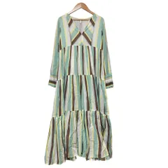 美品 TOMORROWLAND fil トゥモローランド フィル コットンボイルストライプティアードワンピース グリーン系 レディース 古着 中古 USED