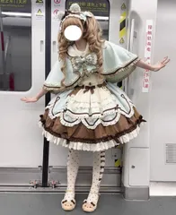 🍃ミントチョコ🍫 ロリータ ドレス クラシカル ロリータ 甘ロリ フリル レース リボン ジャンパースカート ブラウス ケープ 3点セット メイド風 アンティーク風 ドール風 お人形風 パステルカラー ミント グリーン ブラウン ひざ丈 原宿系 量産型
