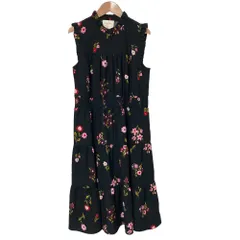 美品 Kate Spade ケイトスペード フラワープリント ノースリーブ ワンピース Mサイズ ブラック レディース 古着 中古 USED