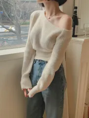 片方オフショルダー オフショルダー ニット アイボリー