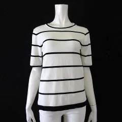 ザラ ZARA KNIT ニット トップス ボーダー柄 プルオーバー 半袖 L オフ白 黒 ブラック