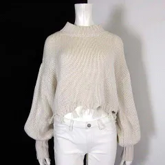 グレイル GRL 裾クラッシュ ボリュームスリーブ ニット トップス iz281 セーター クロップド ハイネック 長袖 L アイボリー 美品
