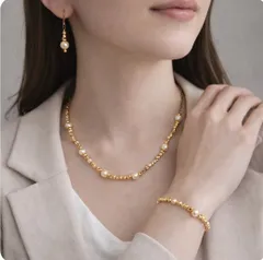 ☆ハンドメイド☆ゴールドコットンバール☆ネックレス☆ブレスレット☆ピアス☆３点セット☆