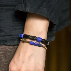 SGYP265 青金石 天然ラピスラズリ×黒檀木 ブレスレット 2本セット｜真鍮パーツ ハンドメイド ユニセックス 重ね付け レイヤード 手作り 数量限定 一点もの ハンドメイド 手作り プレゼント おしゃれ 誕生日 ギフトにもおすすめ レトロデザイン