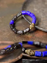 青金石 天然ラピスラズリ×黒檀木 ブレスレット 2本セット｜真鍮パーツ ハンドメイド ユニセックス 重ね付け レイヤード 手作り 数量限定 一点もの ハンドメイド 手作り プレゼント おしゃれ 誕生日 ギフトにもおすすめ レトロデザイン  SGYP265