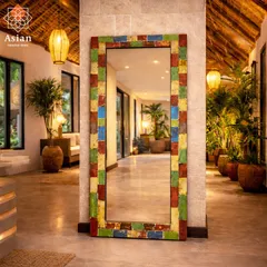 全身鏡 姿見 おしゃれ 壁掛け 鏡 スタンドミラー 大型 ウォールミラー アジアン雑貨 バリ雑貨 アンティーク ボートリメイク 150×70cm