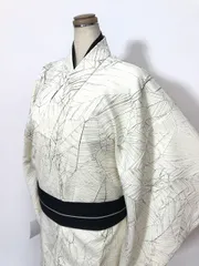 新品 2Lサイズ 小紋 男物 化繊 白地に幾何学模様 単衣着物 洗える着物 