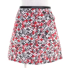 極美品△LOUIS VUITTON ルイヴィトン コットン モノグラム ジャカード レザートリム 台形型 ミニスカート レッド ブラック ホワイト系 38 フランス製 正規品 レディース