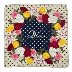 極美品 Christian Dior クリスチャン ディオール スカーフ シルク ロゴ 花柄 ドット ホワイト