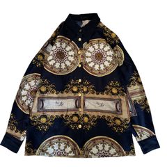 柄シャツ アンティーク調 レトロガール チェーン 長袖 XL 古着 8Ba 