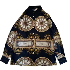 ブラウス　スカーフ柄　長袖　ヴィンテージ　一点物　金ボタン　マルチカラー　長袖　ネイビー　紺　Mサイズ